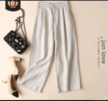 Women Linen Wide Leg Ankle Pants Summer Casual