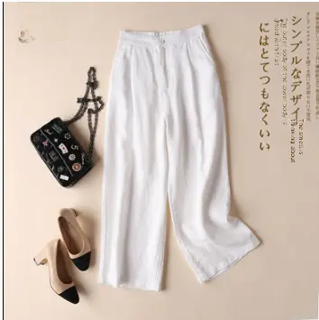 Women Linen Wide Leg Ankle Pants Summer Casual