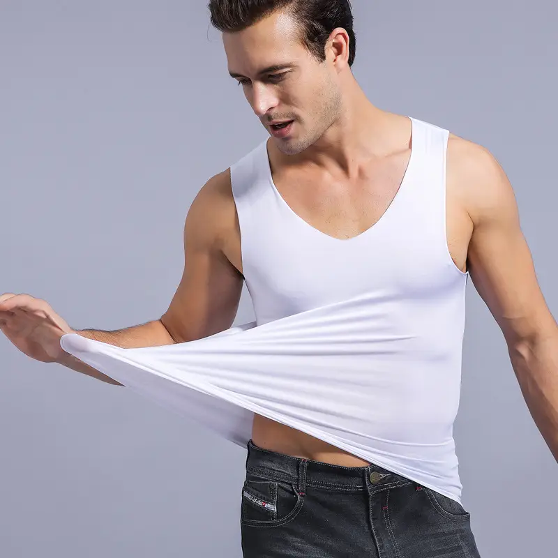 Men's Grey Ice Silk V-Neck Vest Stretch Seamless Casual Summer - Image 6