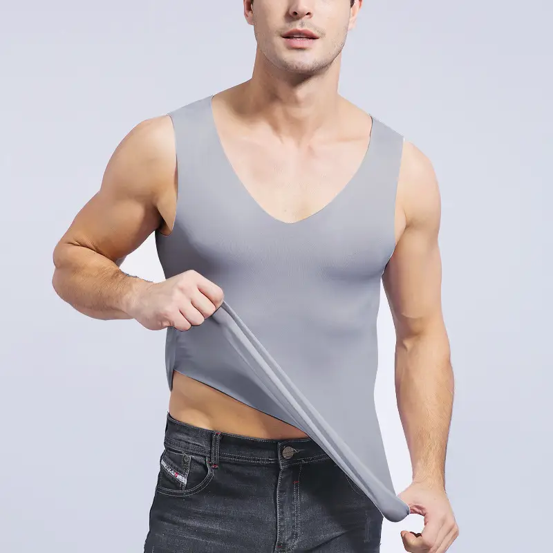 Men's Grey Ice Silk V-Neck Vest Stretch Seamless Casual Summer - Image 2