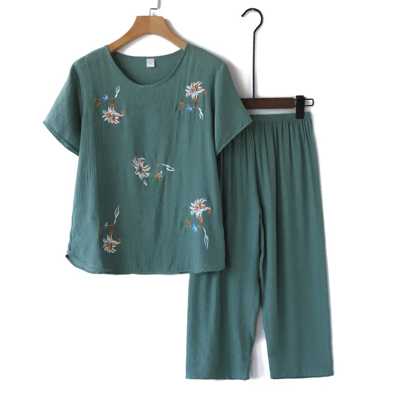 Grandma Cotton Linen Top Home Summer Short-sleeve T-shirt Two-piece Set - Image 8