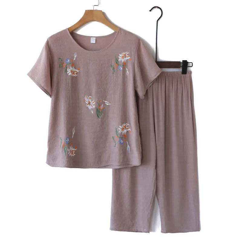 Grandma Cotton Linen Top Home Summer Short-sleeve T-shirt Two-piece Set - Image 4