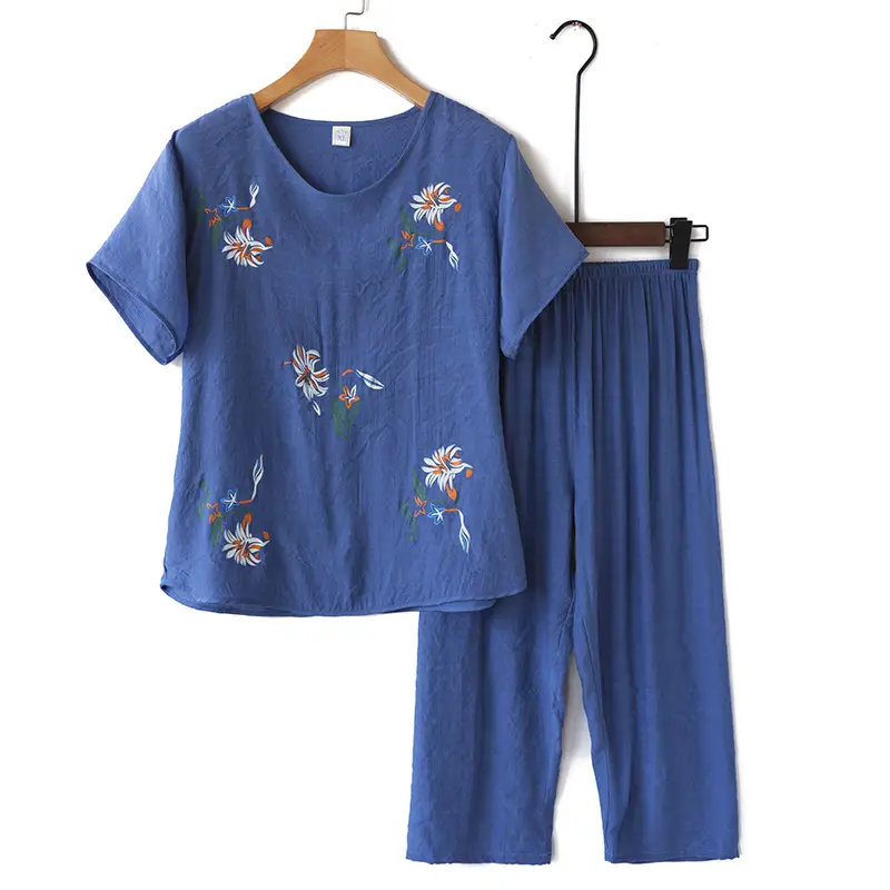 Grandma Cotton Linen Top Home Summer Short-sleeve T-shirt Two-piece Set - Image 2