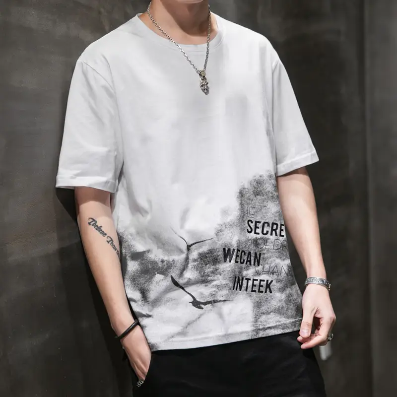 Men Printed T-Shirt White Graphic Short Sleeve