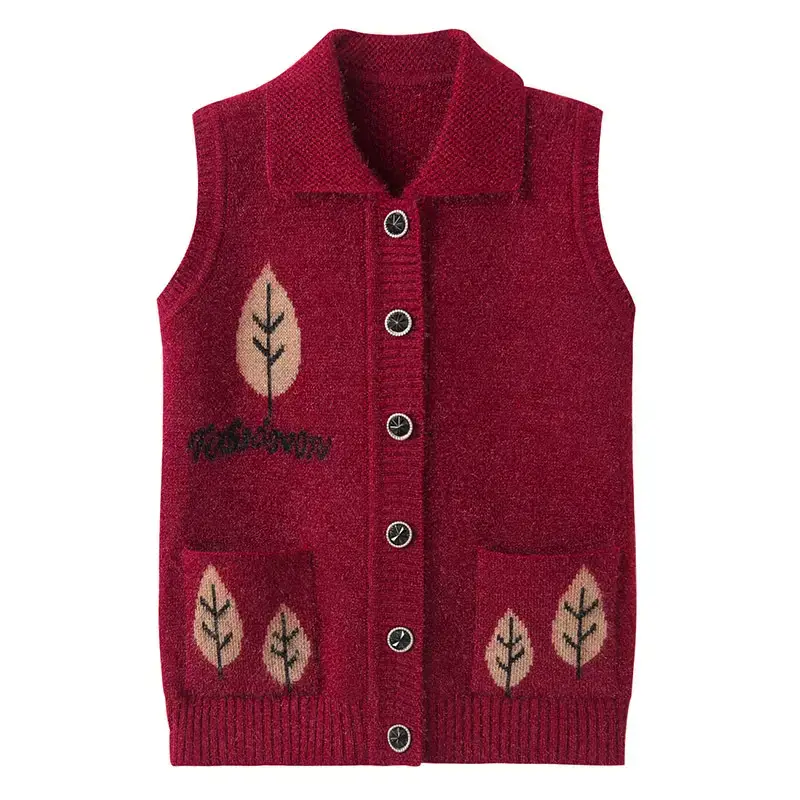 Ladies Knitted Vest Olive Green Leaf Embroidered