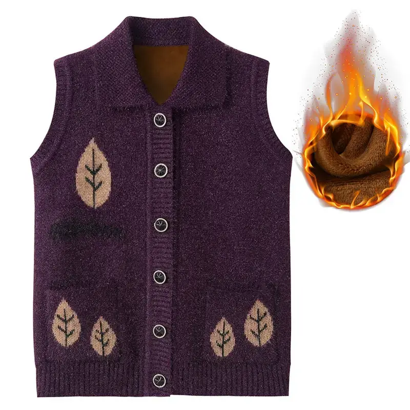 Ladies Knitted Vest Olive Green Leaf Embroidered