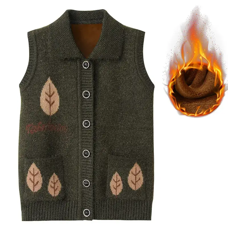 Ladies Knitted Vest Olive Green Leaf Embroidered