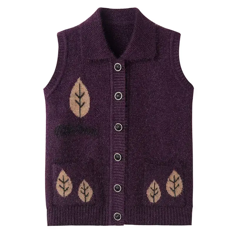 Ladies Knitted Vest Olive Green Leaf Embroidered