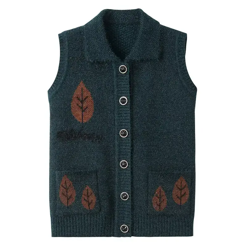 Ladies Knitted Vest Olive Green Leaf Embroidered