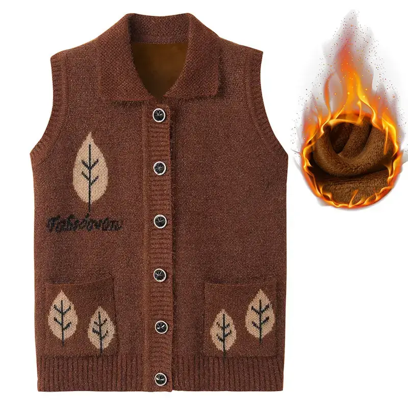 Ladies Knitted Vest Olive Green Leaf Embroidered