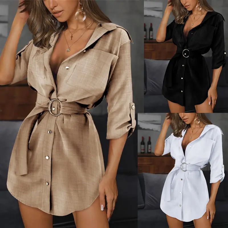 Women's Light Blue V-Neck Belted Shirt Dress - Image 4