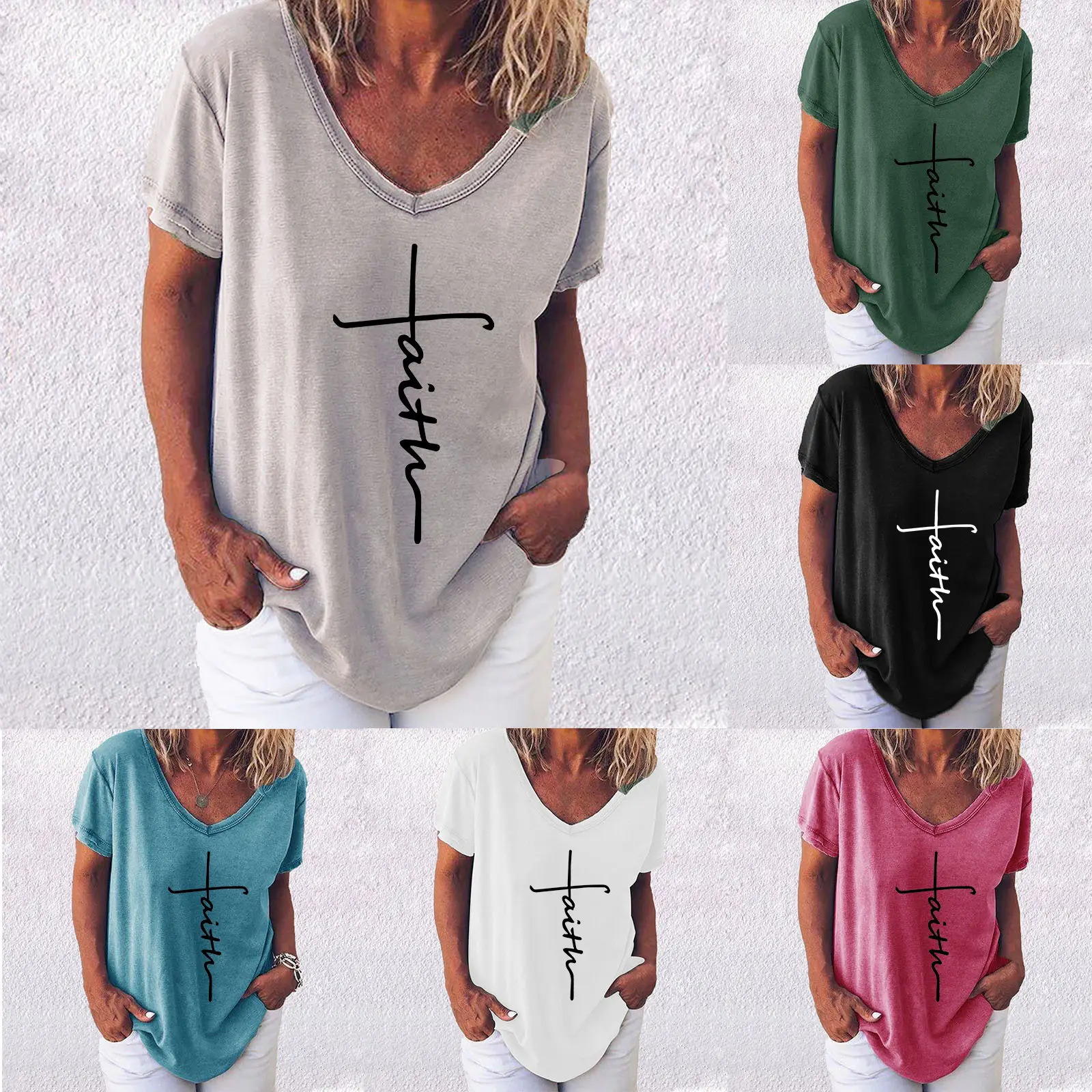 Women Casual Cross Print T-Shirt Grey Short Sleeve - Image 7