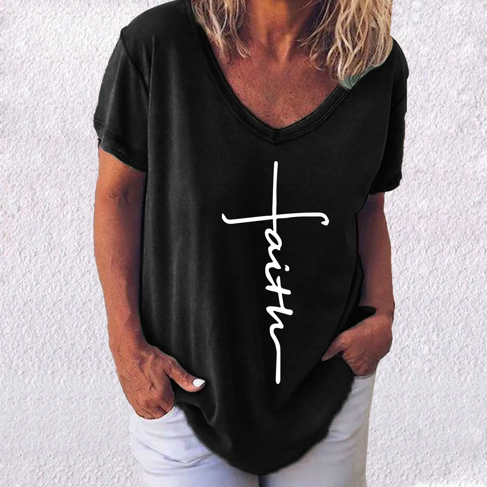 Women Casual Cross Print T-Shirt Grey Short Sleeve - Image 8