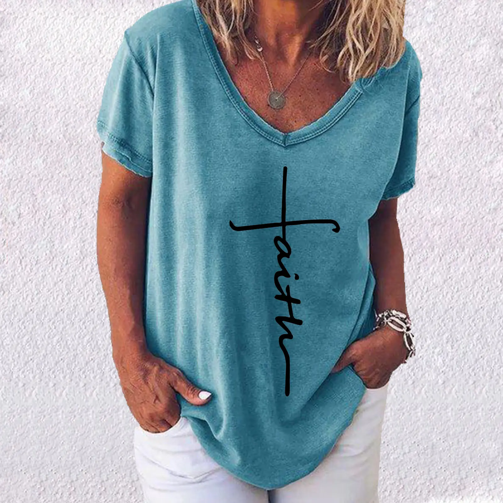 Women Casual Cross Print T-Shirt Grey Short Sleeve - Image 9