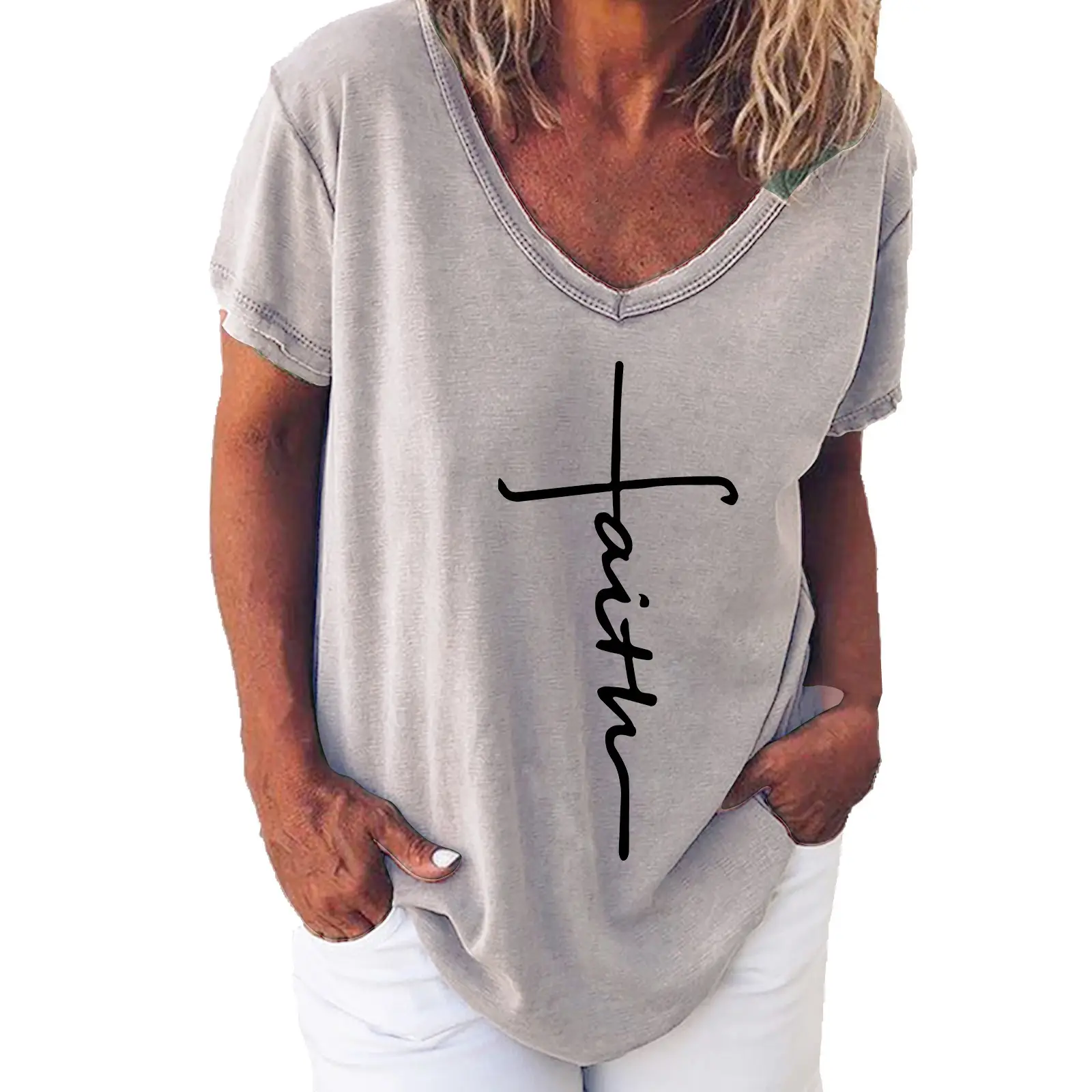 Women Casual Cross Print T-Shirt Grey Short Sleeve - Image 11