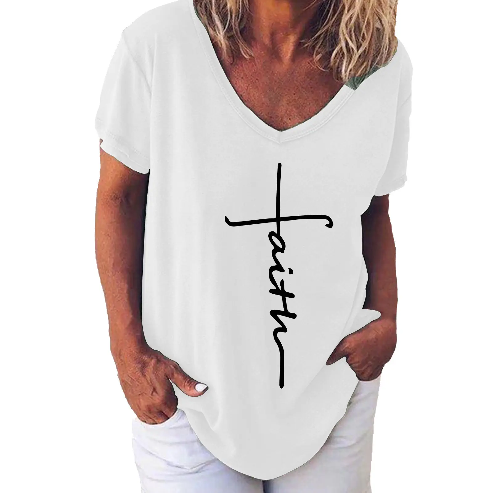 Women Casual Cross Print T-Shirt Grey Short Sleeve - Image 3