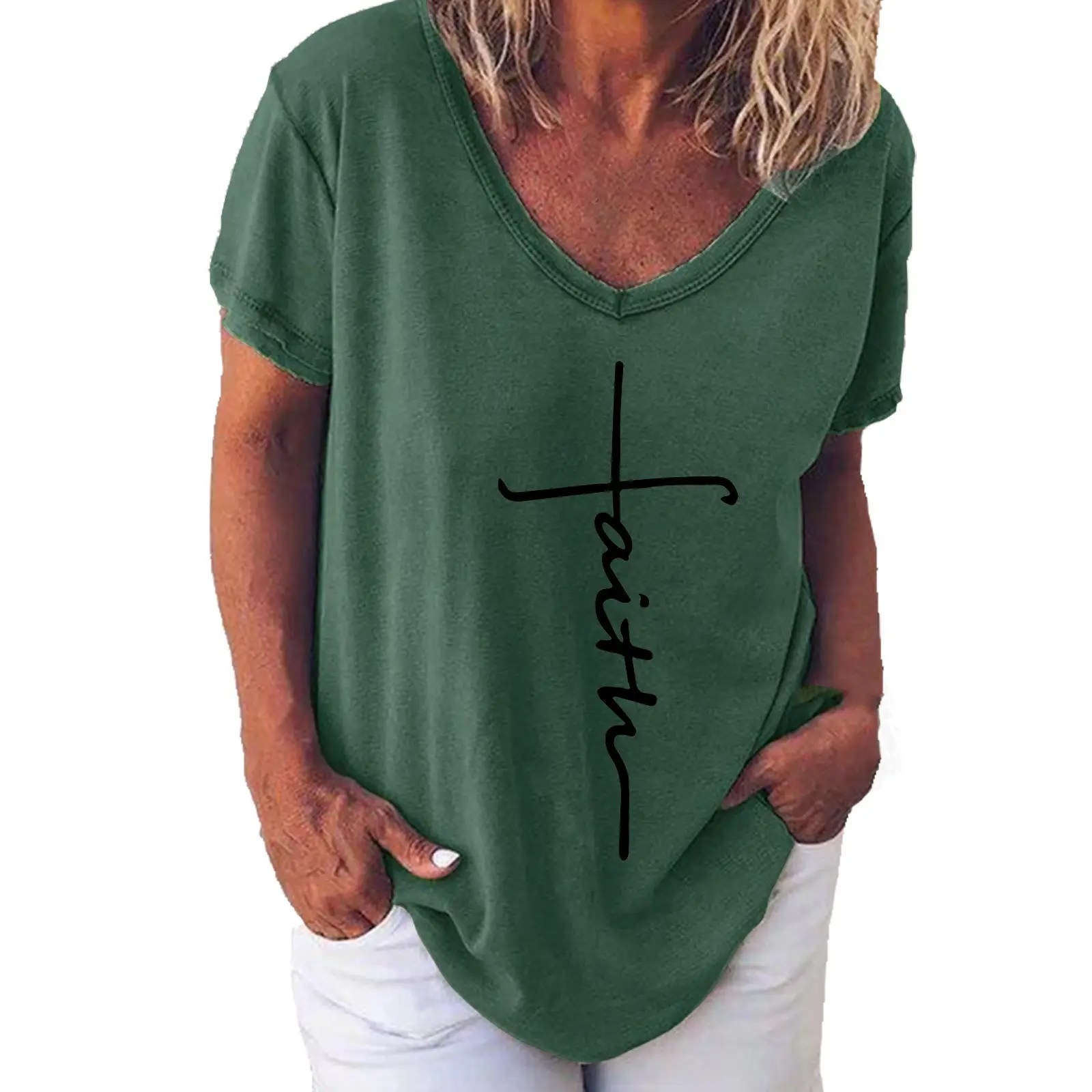 Women Casual Cross Print T-Shirt Grey Short Sleeve - Image 4