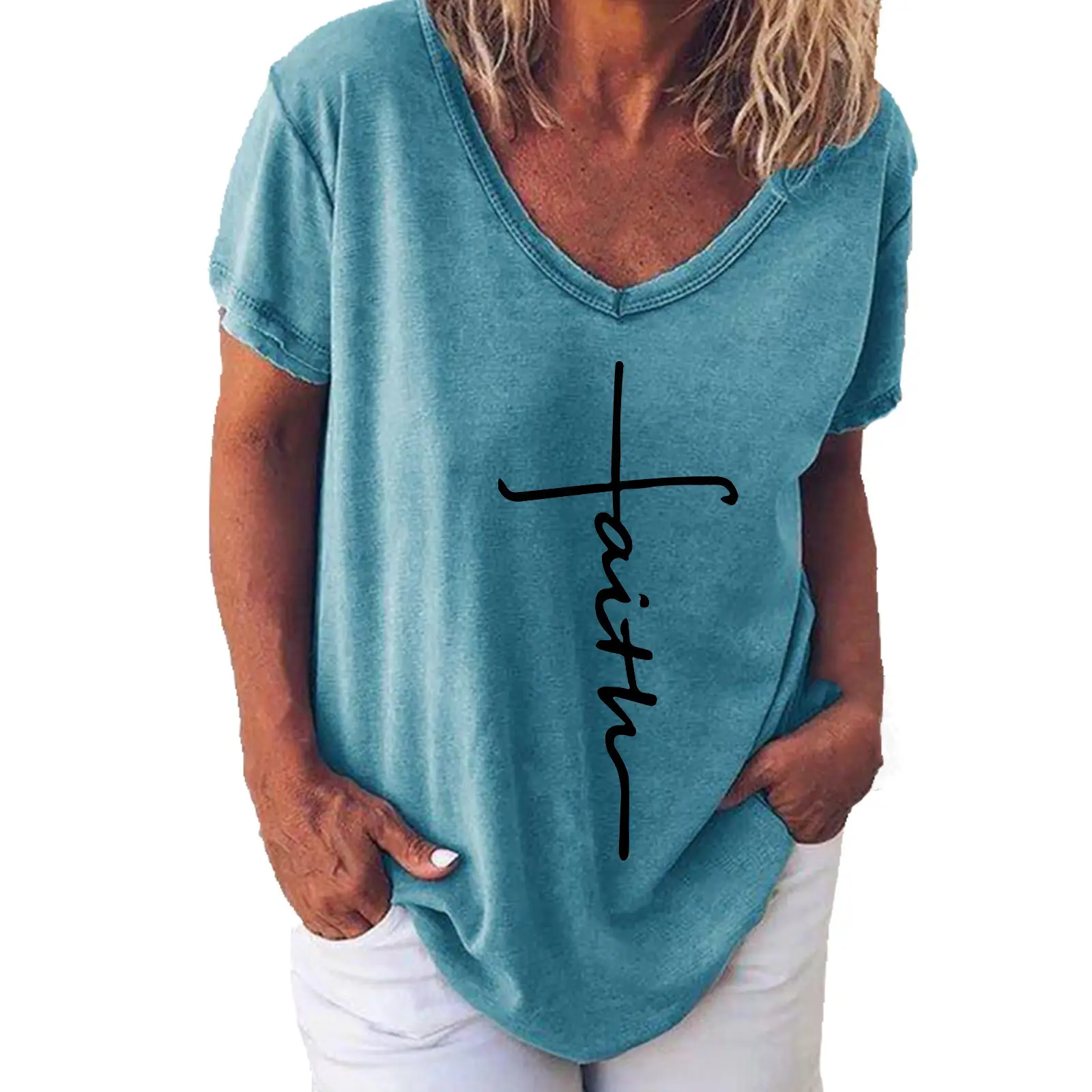 Women Casual Cross Print T-Shirt Grey Short Sleeve - Image 5