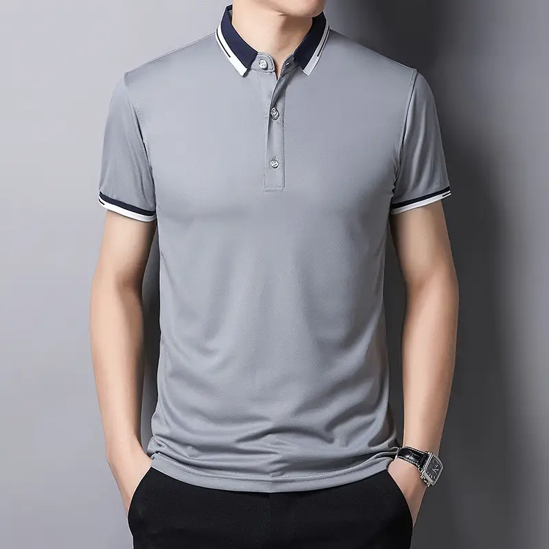 Men Slim Fit Grey Polo T-Shirt with Collar - Image 4