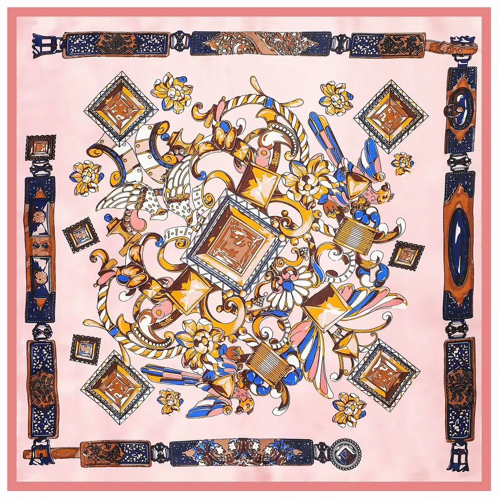 Women's 60cm Silk Scarf with Gold Floral Design