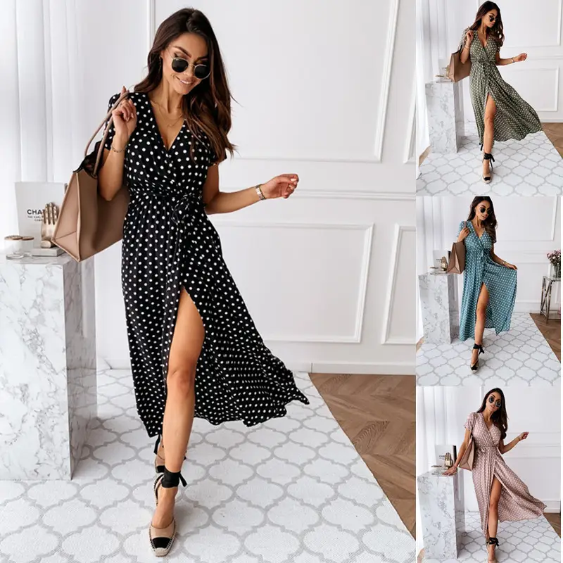 2020Ebay Aliexpress Wish Summer V Neck Bohemian Polka Dot Dress Long Skirt Elegant