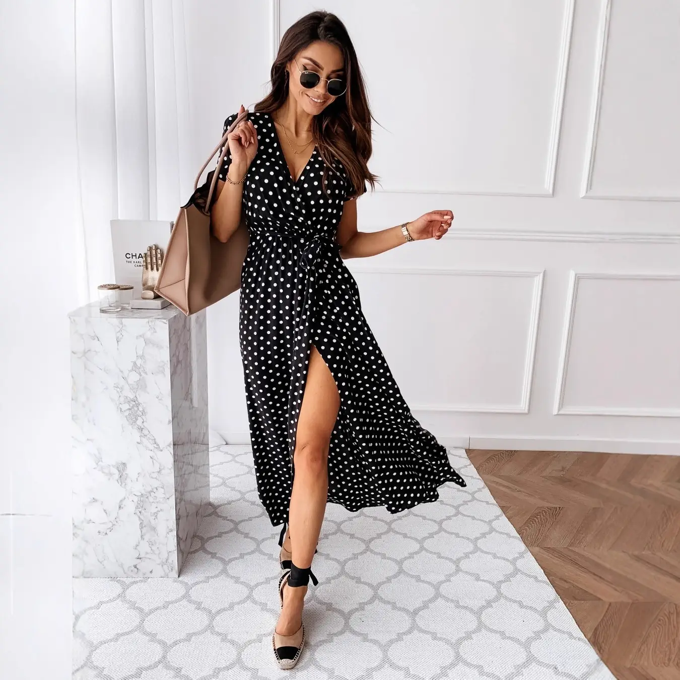 2020Ebay Aliexpress Wish Summer V Neck Bohemian Polka Dot Dress Long Skirt Elegant