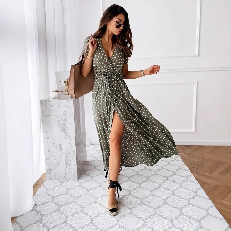 2020Ebay Aliexpress Wish Summer V Neck Bohemian Polka Dot Dress Long Skirt Elegant