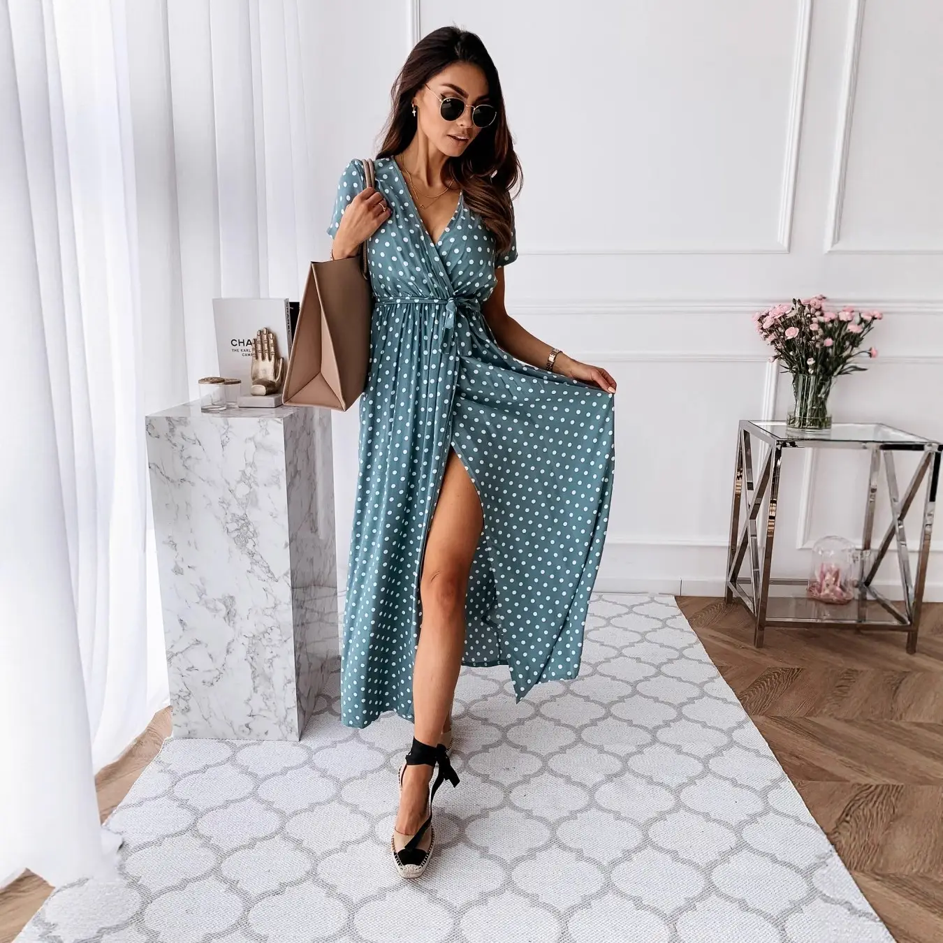 2020Ebay Aliexpress Wish Summer V Neck Bohemian Polka Dot Dress Long Skirt Elegant
