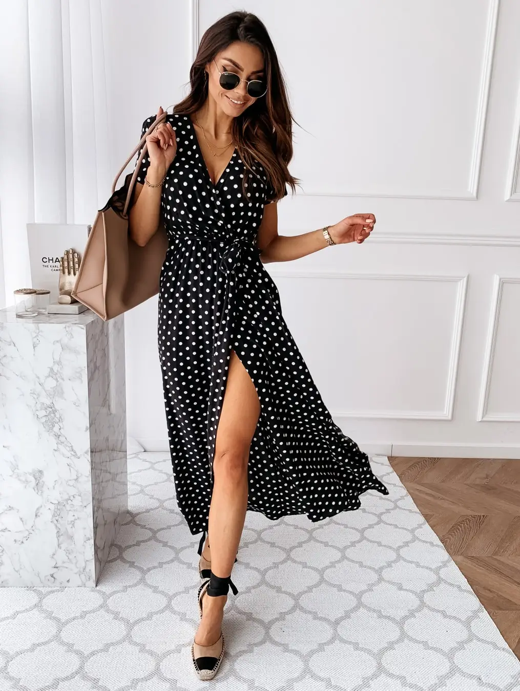 2020Ebay Aliexpress Wish Summer V Neck Bohemian Polka Dot Dress Long Skirt Elegant