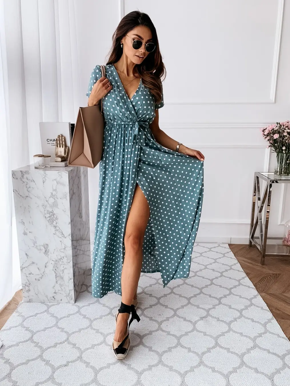 2020Ebay Aliexpress Wish Summer V Neck Bohemian Polka Dot Dress Long Skirt Elegant