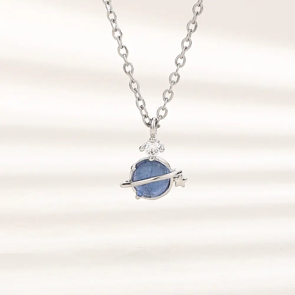Cosmic Planet Clavicle Necklace for Women Blue Asteroid Light - Image 3