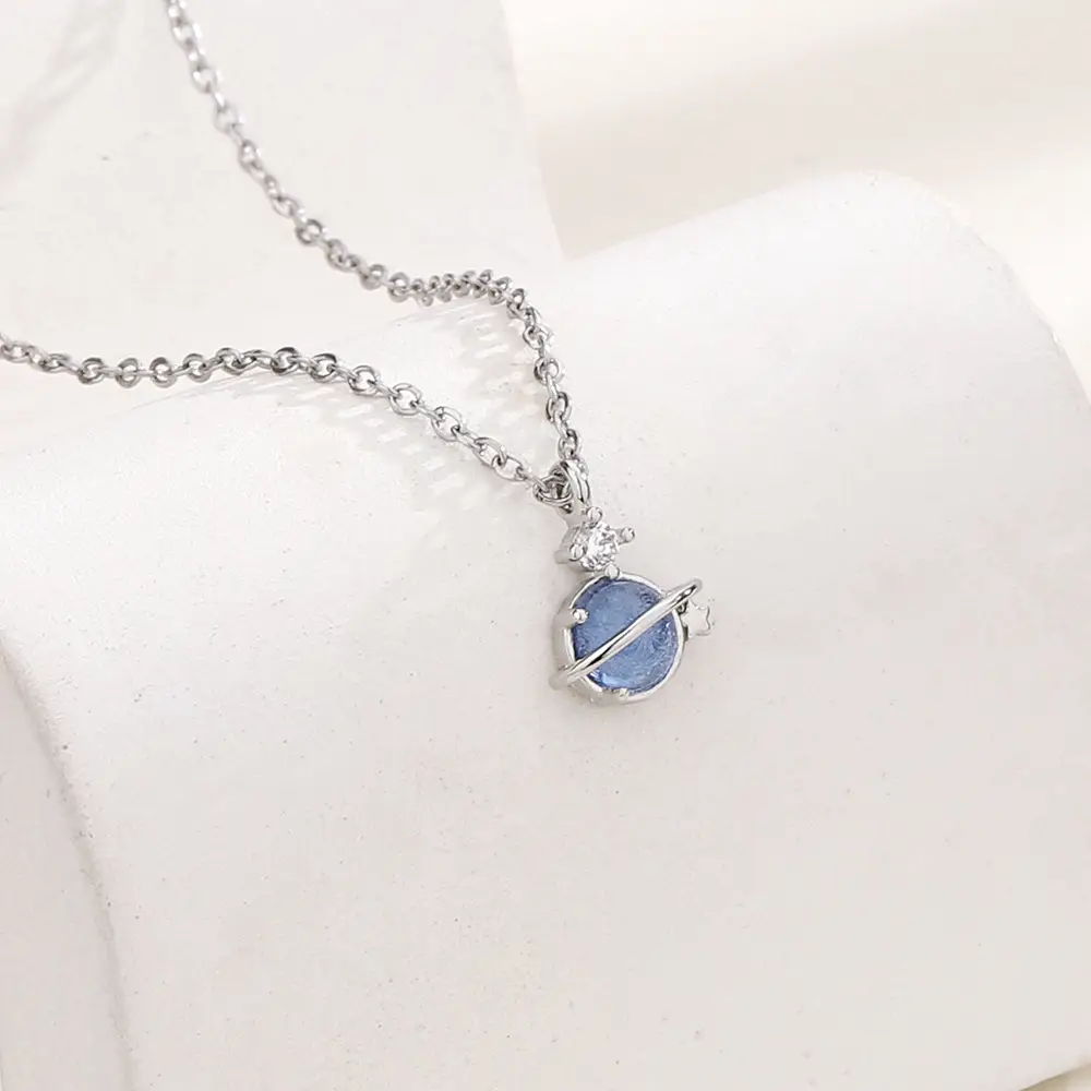 Cosmic Planet Clavicle Necklace for Women Blue Asteroid Light - Image 4