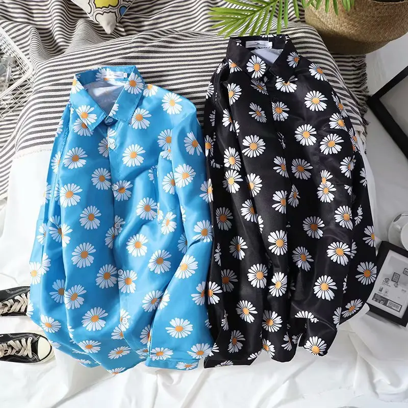Daisy Print Long Sleeve Shirt Blue Summer Wear