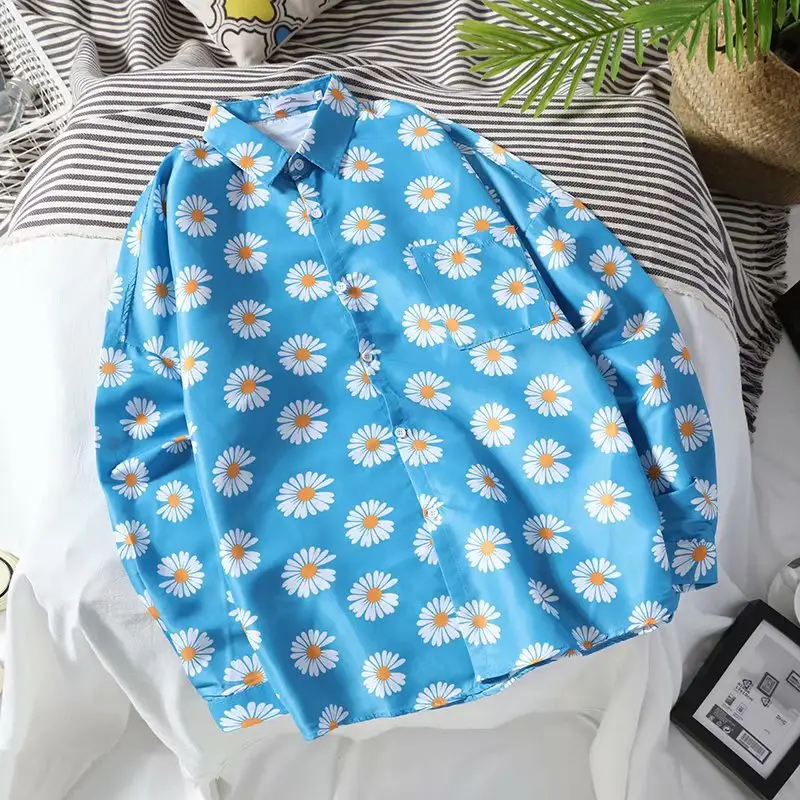 Daisy Print Long Sleeve Shirt Blue Summer Wear
