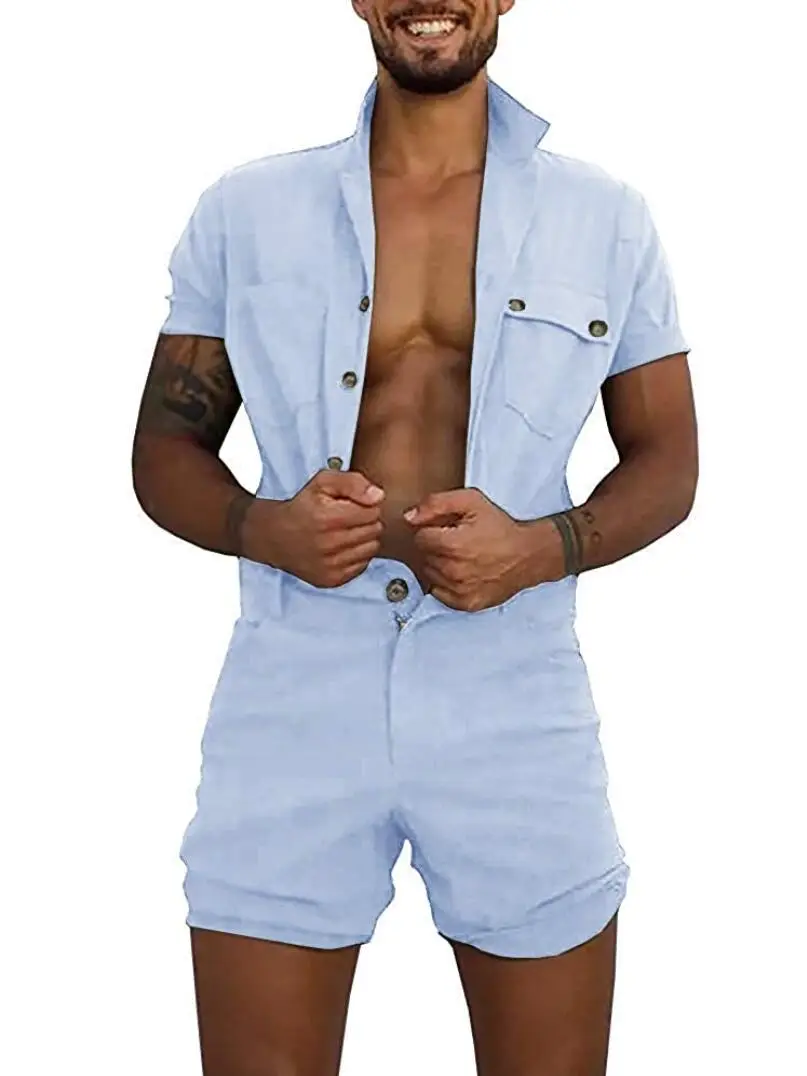 Men's 2020 Summer Light Gray Button One-Piece Suit - Image 4