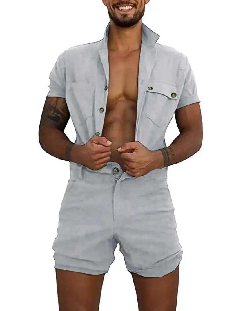 Men's 2020 Summer Light Gray Button One-Piece Suit - Image 5