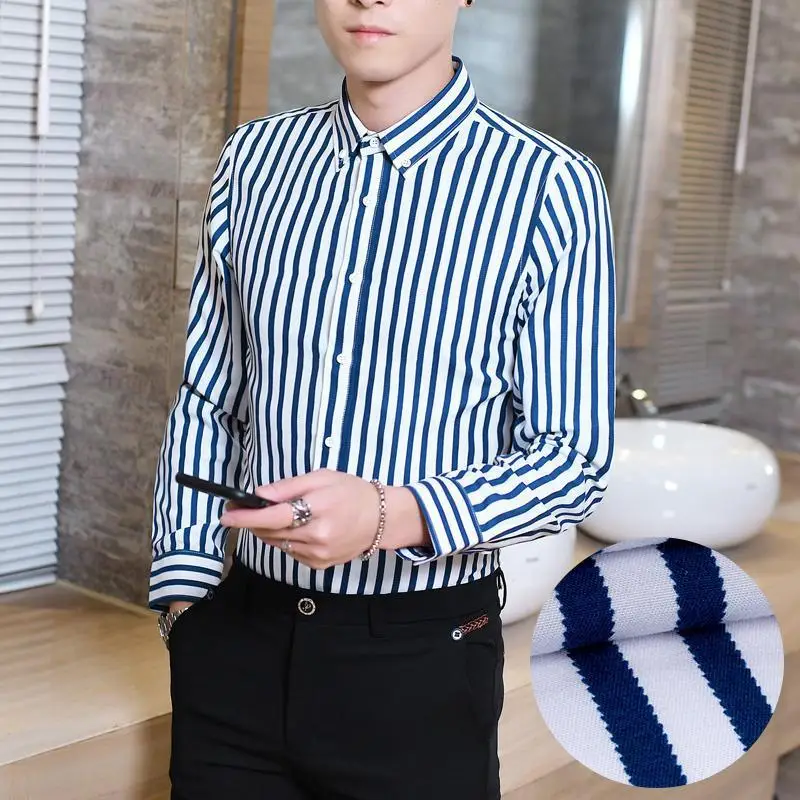 New Men's Blue Red Striped Long Sleeve Shirt - Image 7