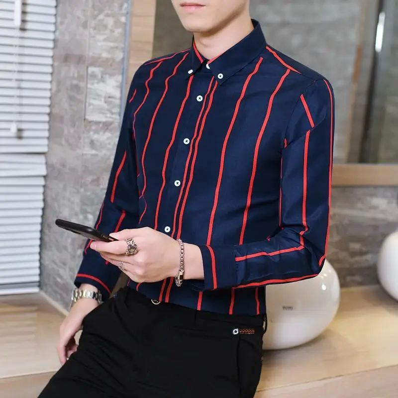 New Men's Blue Red Striped Long Sleeve Shirt - Image 8