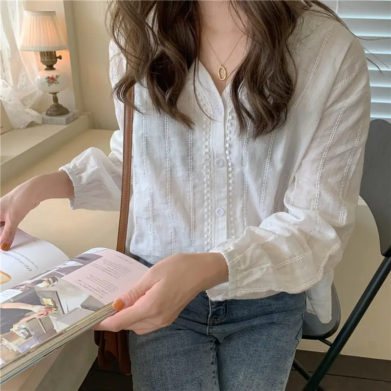 Women Pure Cotton V Neck Shirt White Spring Fall 2025 - Image 3
