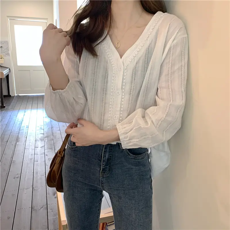 Women Pure Cotton V Neck Shirt White Spring Fall 2025 - Image 4