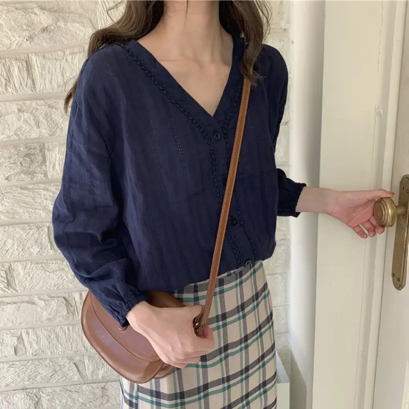Women Pure Cotton V Neck Shirt White Spring Fall 2025 - Image 5
