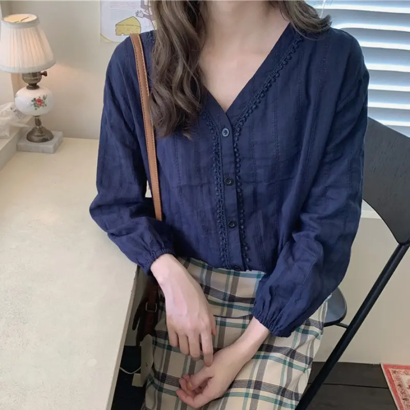 Women Pure Cotton V Neck Shirt White Spring Fall 2025 - Image 6