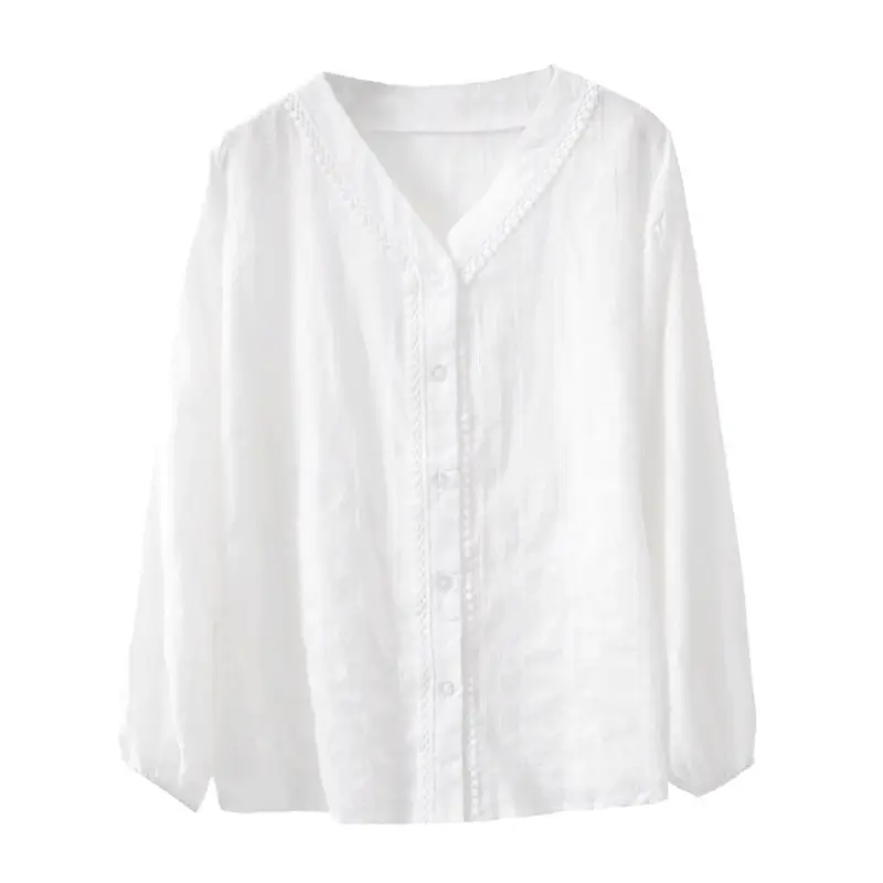 Women Pure Cotton V Neck Shirt White Spring Fall 2025 - Image 7