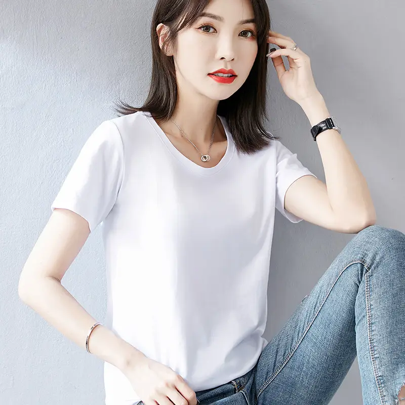 Women White Short Sleeve T-Shirt Large Size Loose Fit