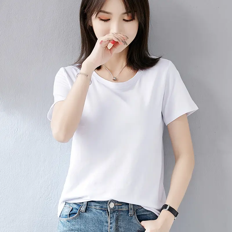 Women White Short Sleeve T-Shirt Large Size Loose Fit