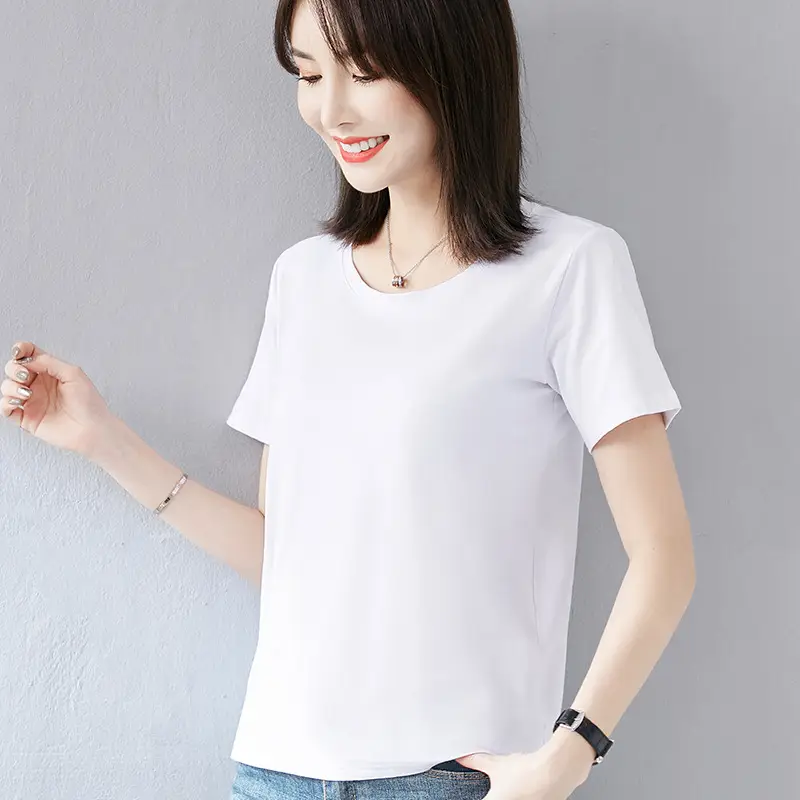 Women White Short Sleeve T-Shirt Large Size Loose Fit