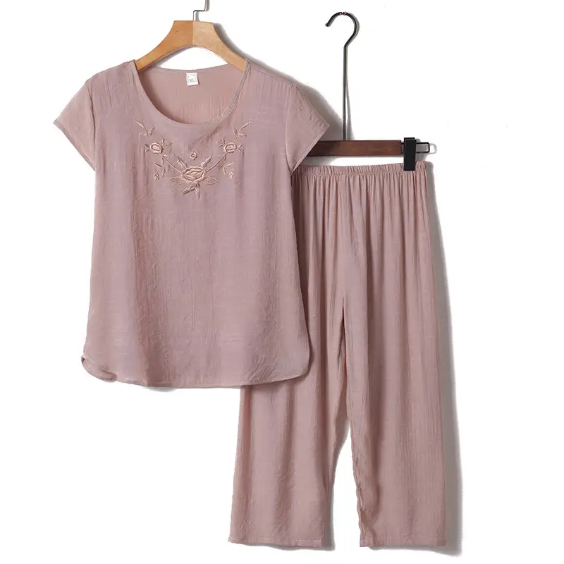 Middle-Aged Women Cotton Linen Pajama Set Pink