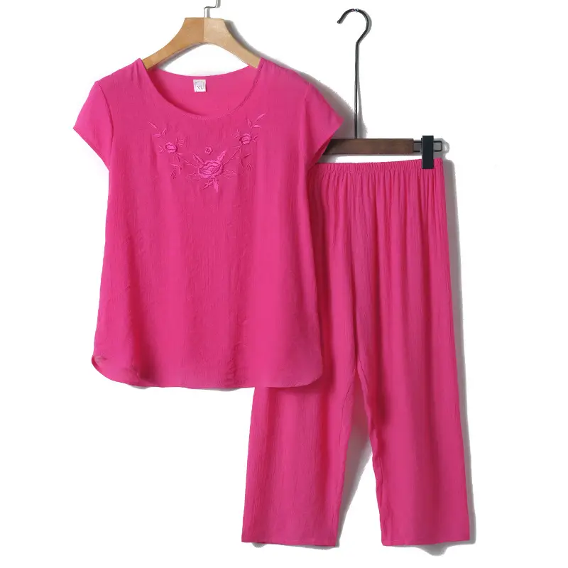 Middle-Aged Women Cotton Linen Pajama Set Pink