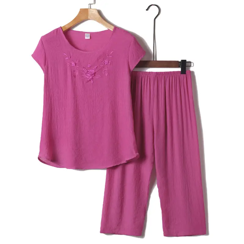 Middle-Aged Women Cotton Linen Pajama Set Pink