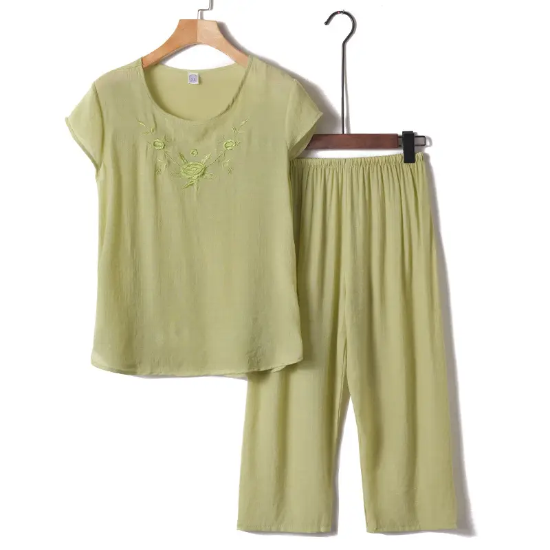 Middle-Aged Women Cotton Linen Pajama Set Pink